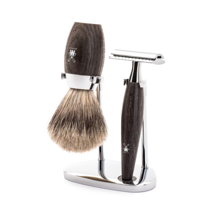 Set Afeitado Mühle Brocha Afeitar Fine Badger, Maquinilla Clásica & Stand Madera Roble Serie Kosmo