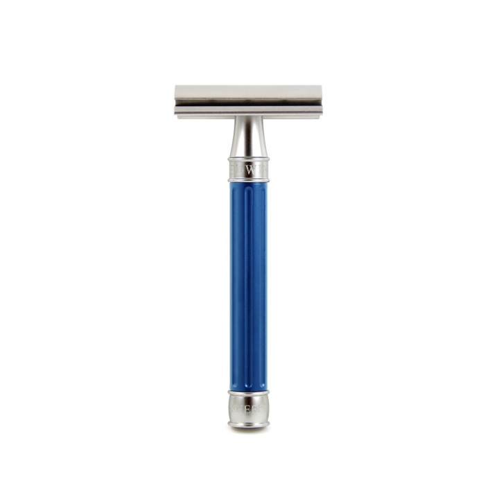 Edwin Jagger Double Edge Stainless Steel Safety Razor Grooved Anodised Blue
