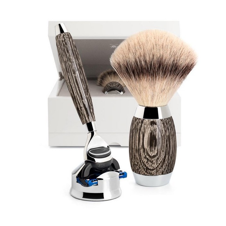 Mühle EDITION - Ancient Oak and Sterling Silver, Gillette Fusion, Silvertip Fibre Shaving Brush Set