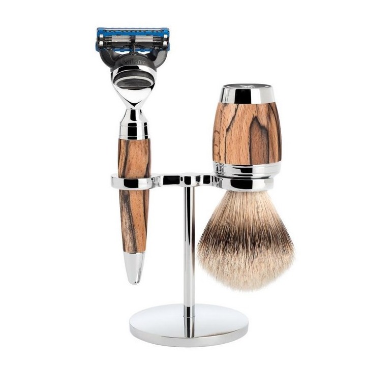 Set de Afeitado Mühle, Maquinilla de Afeitar Fusión, Brocha Punta Plata y Soporte Stylo Haya
