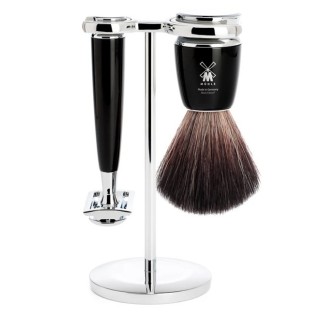 Set de Afeitar con Maquinilla Clásica, Brocha de Tejón Negro Fibra y Soporte Rytmo Negro Mühle