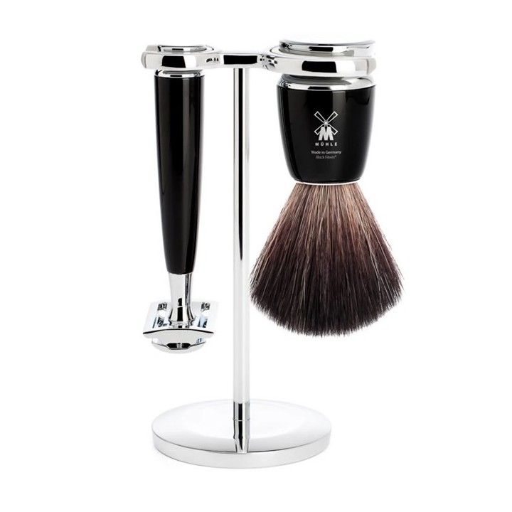 Set de Afeitar con Maquinilla Clásica, Brocha de Tejón Negro Fibra y Soporte Rytmo Negro Mühle