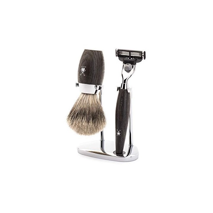 KOSMO - Shaving set of MÜHLE, fine badger, with Gillette Mach3, handle material made of bog oak