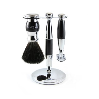 Set Clasic Razor, Shaving Brush Synthetic Fibre and Stand Black