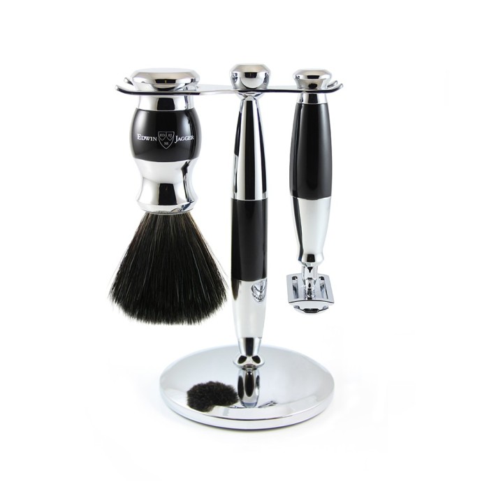 Set Clasic Razor, Shaving Brush Synthetic Fibre and Stand Black