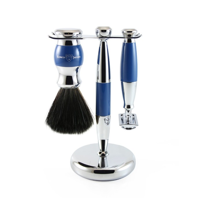 Set Safety razor, shaving brush synthetic fibre and stand blue