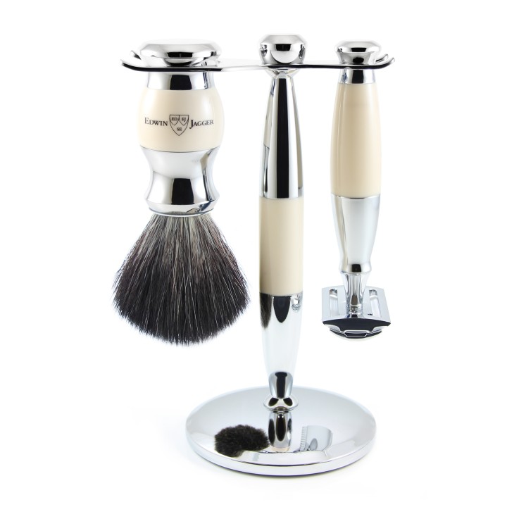 Set Safety razor, shaving brush synthetic fibre and stand ivory