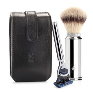 Kit de Viaje Brocha Fibra Punta Plata & Maquinilla Fusion Mühle