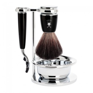 Mühle Traditional Shaving Black Set Pure Badger Fiber Shaving Brush, Razor Mach3 & Bowl Rytmo