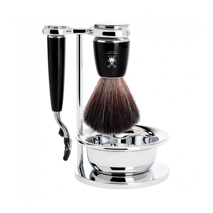 Mühle Traditional Shaving Black Set Pure Badger Fiber Shaving Brush, Razor Mach3 & Bowl Rytmo