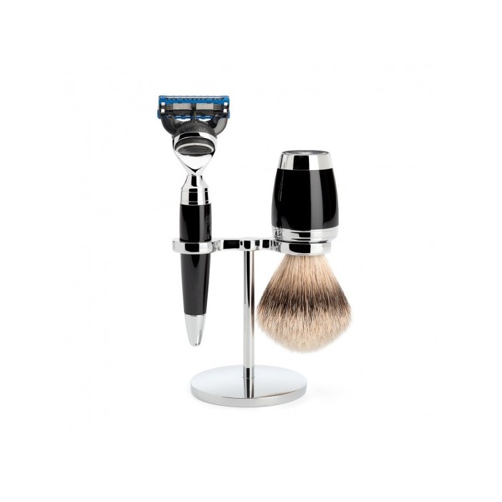 Set de Afeitado Mühle, Maquinilla de Afeitar Fusión, Brocha Punta Plata y Soporte Stylo Negro