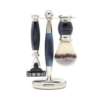 Set afeitado Edwardian Azul Brocha Tejón Sintética, Maquinilla Fusion & Soporte Truefitt & Hill
