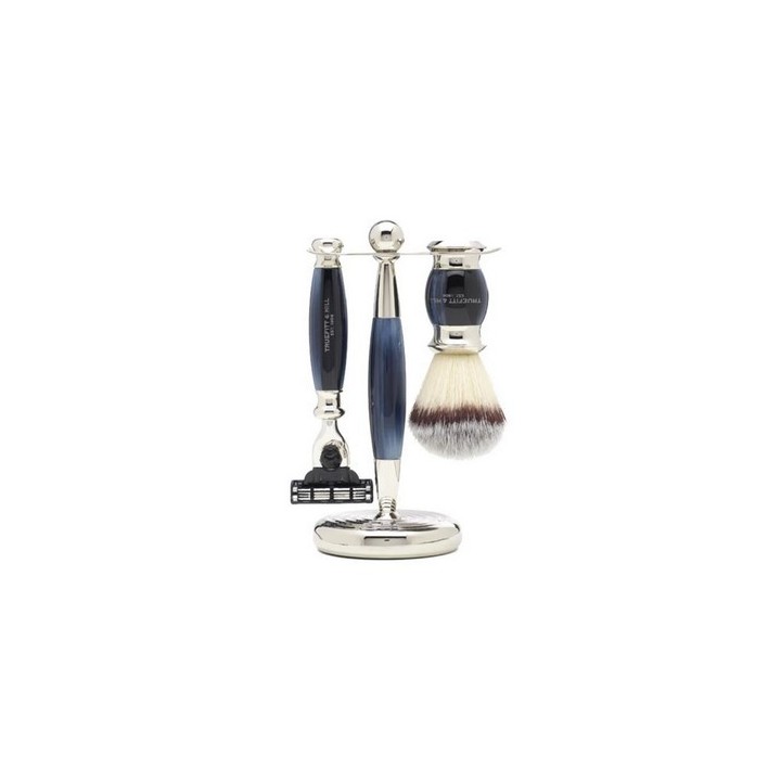 Set afeitado Edwardian Azul Brocha Tejón Sintética, Maquinilla Fusion & Soporte Truefitt & Hill