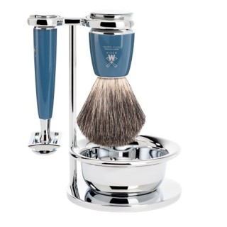 Set Afeitado Mühle Brocha Afeitar Tejón Gris, Maquinilla afeitar clásica & Bol Rytmo Azul Petrol