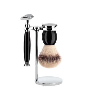 Set de Afeitar con Maquinilla de Afeitar Clásica, Brocha de Afeitar Punta Plata Fibra y Soporte Sophist Negro Mühle