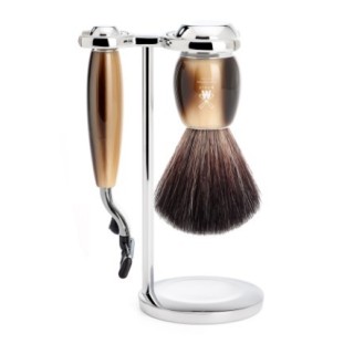 Set Afeitado Mühle Marron Brocha Afeitar  fibra negra, Maquinilla de 3 hojas, compatible con Gillete