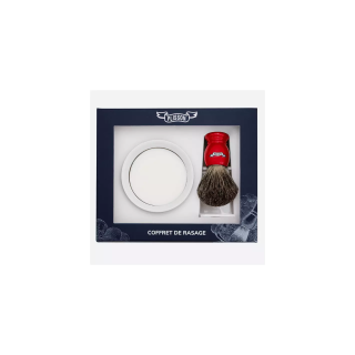 Set 3 piezas Brocha de Tejón Gris Ruso, Bol de Porcelana y Jabón Plisson Rojo