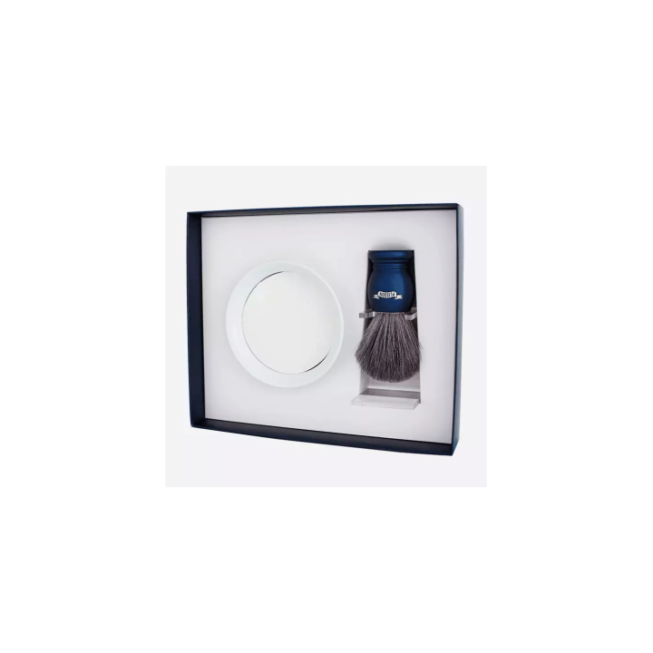 Set 3 piezas Brocha de Tejón Gris Ruso, Bol de Porcelana y Jabón Plisson Azul