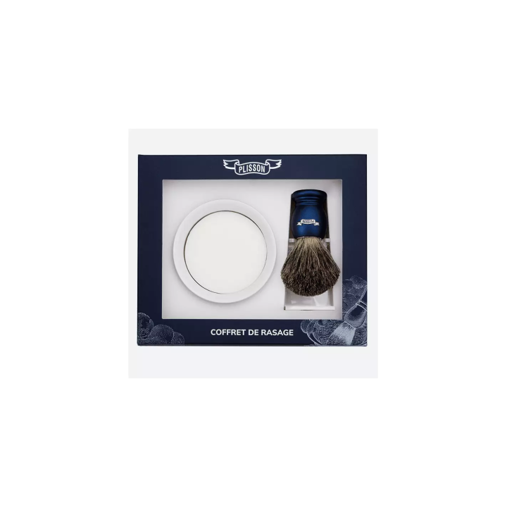 Set 3 piezas Brocha de Tejón Gris Ruso, Bol de Porcelana y Jabón Plisson Azul