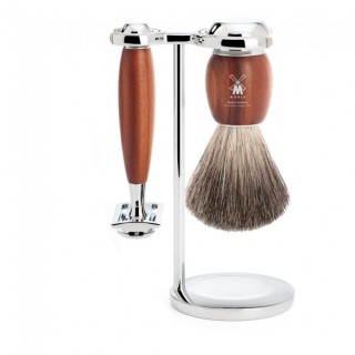 Shaving set of MÜHLE, pure badger, with safety razor, handle material made of plum wood