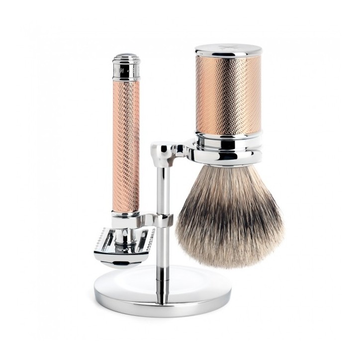 Set Afeitado Mühle Brocha Afeitar Tejón Punta Plata & Maquinilla Tradicional Oro Rosa