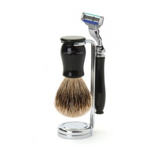 Set Afeitado Maquinilla de Afeitar Mach 3®, Brocha & Soporte Negro Edwin Jagger