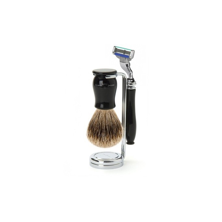 Set Afeitado Maquinilla de Afeitar Mach 3®, Brocha & Soporte Negro Edwin Jagger